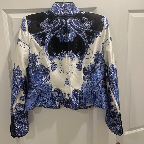 JS Collections Womens Kimono Style Silk Jacket Blue/White Paisley/Floral - Picture 3 of 3